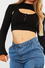 Black Double Layer High Neck Crop Top - Mahani-Crop Tops