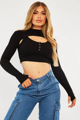 Black Double Layer High Neck Crop Top - Mahani-Crop Tops