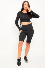 Black Double Layer Ruched Top and Cycling Shorts Co-ord - Gwen-Co-ords