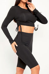 Black Double Layer Ruched Top and Cycling Shorts Co-ord - Gwen-Co-ords