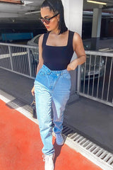 Black Double Layered Slinky Square Neck Bodysuit - Iriana-Bodysuits