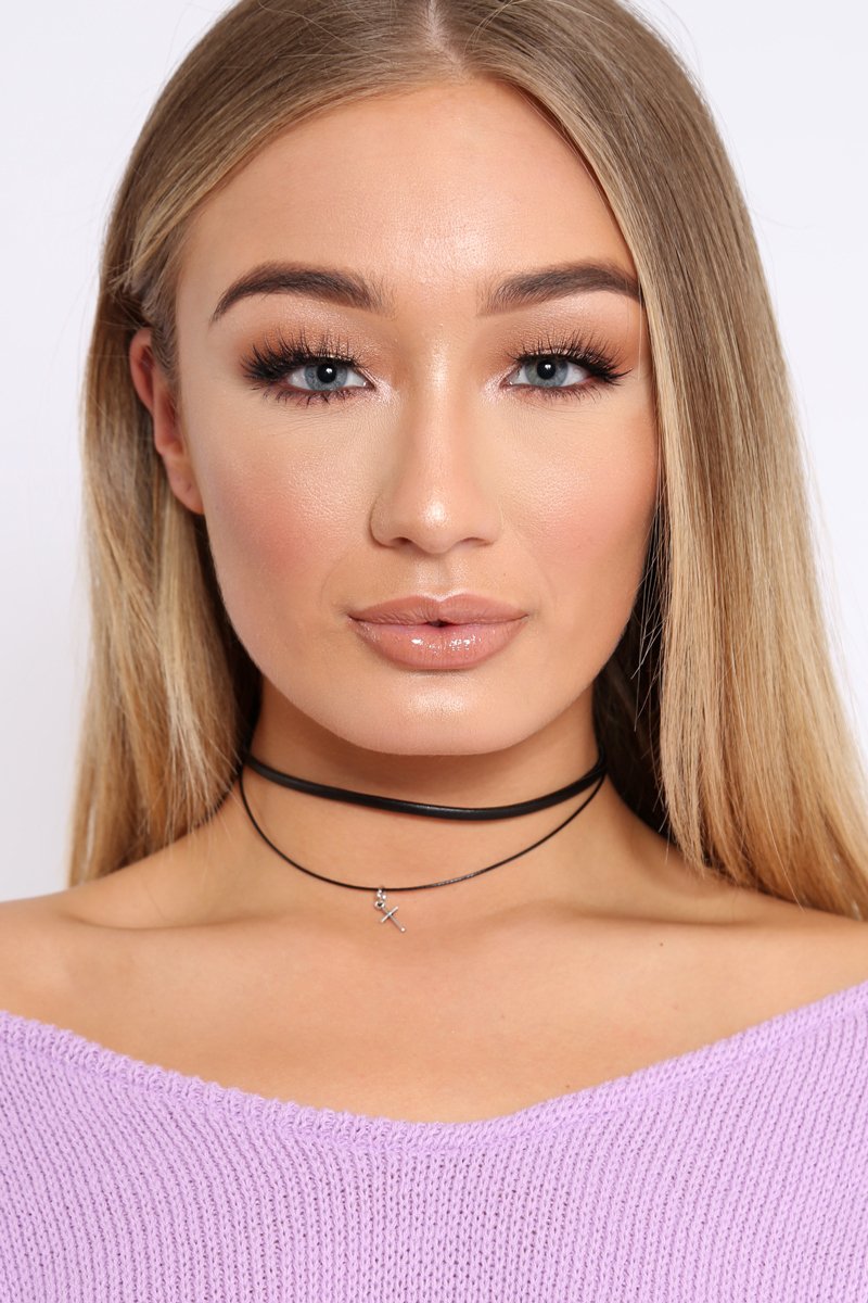 Black Double Strap Mini Cross Choker - Evanna-Accessories