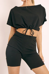 Black Drawstring Top Cycling Short Loungewear Co-ord - Krissa-Loungewear