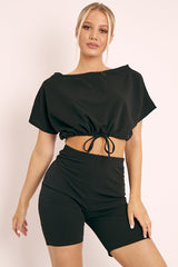 Black Drawstring Top Cycling Short Loungewear Co-ord - Krissa-Loungewear