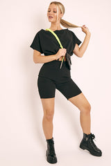 Black Drawstring Top Cycling Short Loungewear Co-ord - Krissa-Loungewear