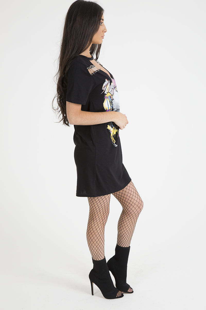 Black Eagle Print Cut Out Pin T-Shirt Dress - Thea-Dresses