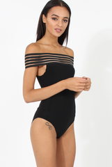 Black Elasticated Bardot Bodysuit - Jill-Bodysuits