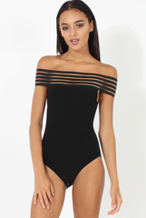 Black Elasticated Bardot Bodysuit - Jill-Bodysuits
