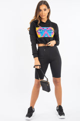 Black Elasticated Cropped Hoodie with Graphic Print - Montanna-Hoodies