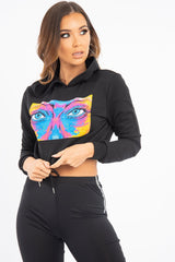 Black Elasticated Cropped Hoodie with Graphic Print - Montanna-Hoodies