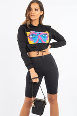 Black Elasticated Cropped Hoodie with Graphic Print - Montanna-Hoodies