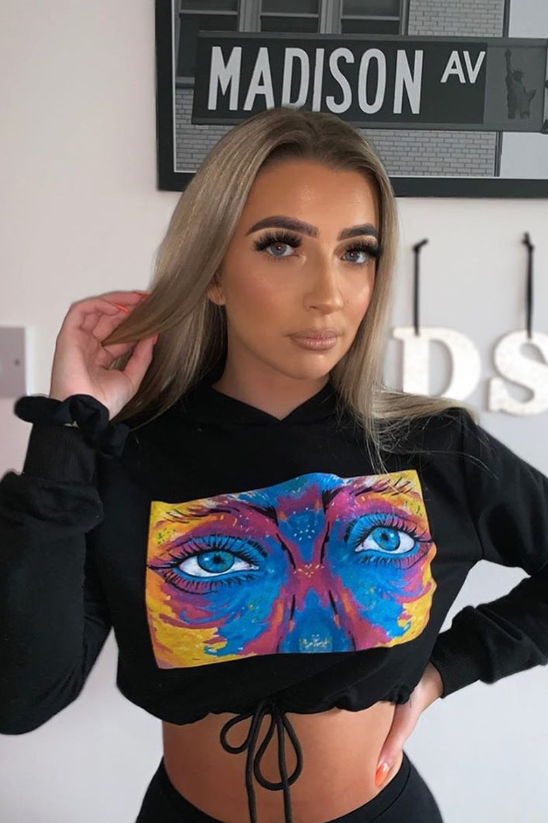 Black Elasticated Cropped Hoodie with Graphic Print - Montanna-Hoodies