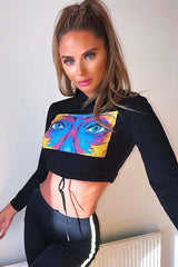 Black Elasticated Cropped Hoodie with Graphic Print - Montanna-Hoodies