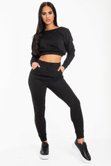 Black Elasticated Cropped Top and Jogger Set - Kruz-Tracksuits