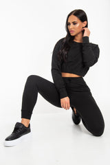 Black Elasticated Cropped Top and Jogger Set - Kruz-Tracksuits