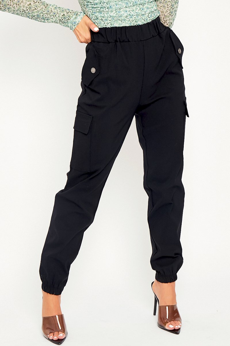 Black Elasticated Waist Cargo Trousers - Yalina-Trousers