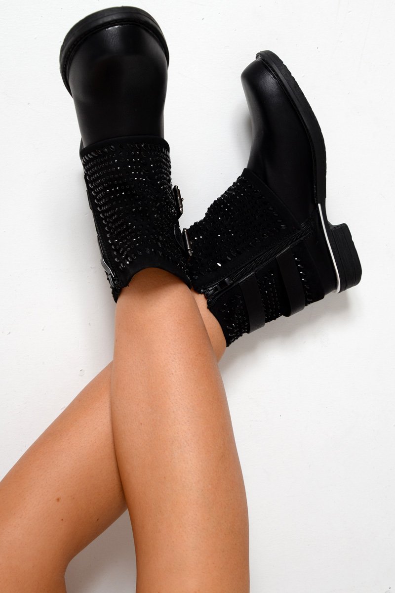 Black Embellished Buckle Detail Boots - Kayson-Boots
