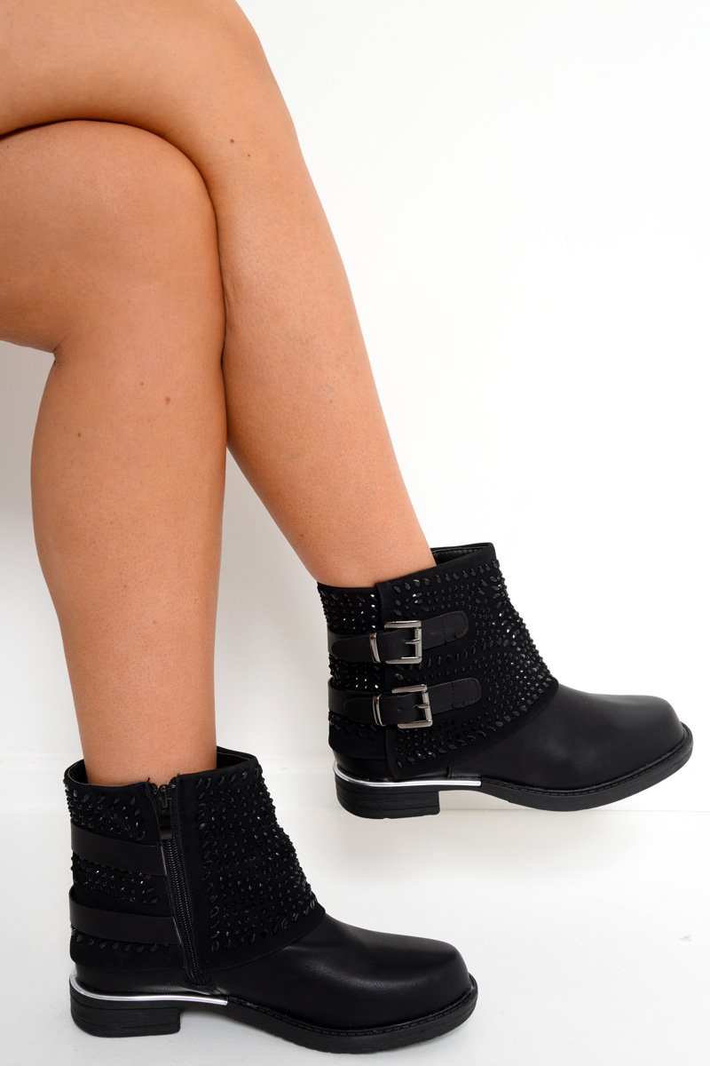 Black Embellished Buckle Detail Boots - Kayson-Boots