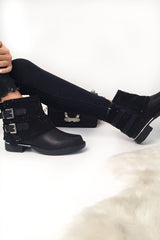 Black Embellished Buckle Detail Boots - Kayson-Boots