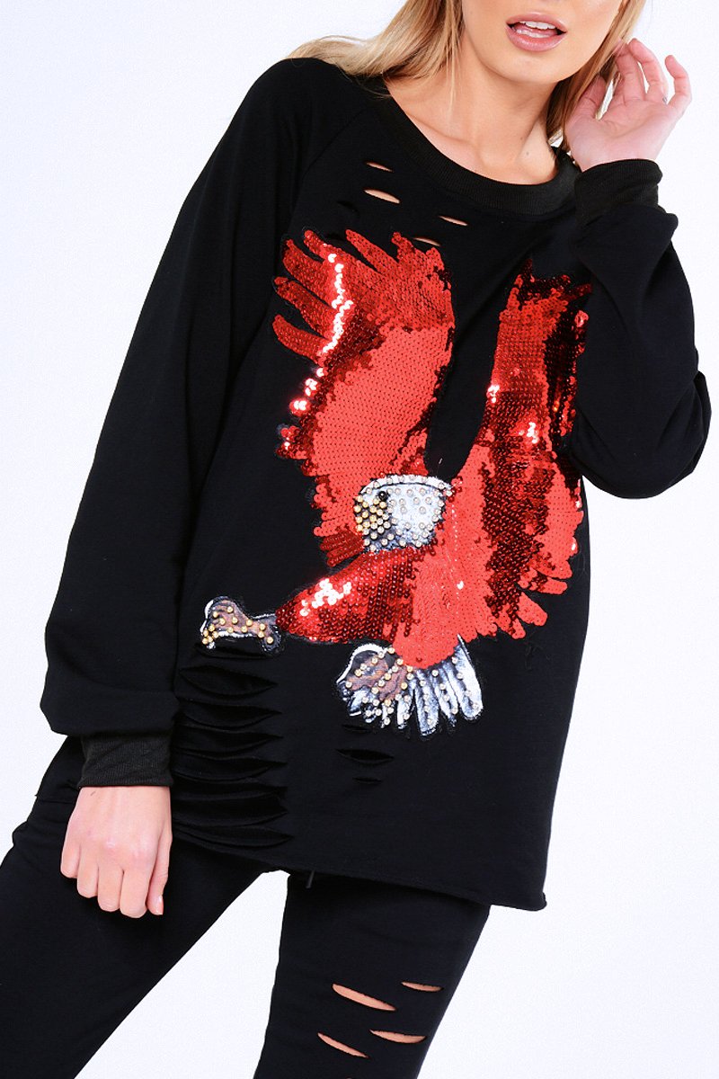 Black Embellished Eagle Distressed Tracksuit - Tiegan-Loungewear