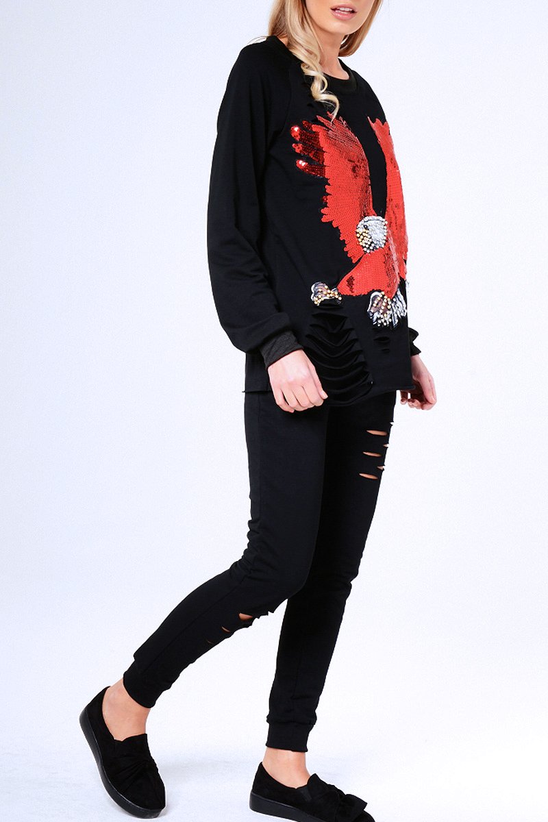 Black Embellished Eagle Distressed Tracksuit - Tiegan-Loungewear