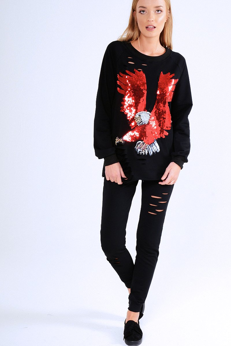 Black Embellished Eagle Distressed Tracksuit - Tiegan-Loungewear