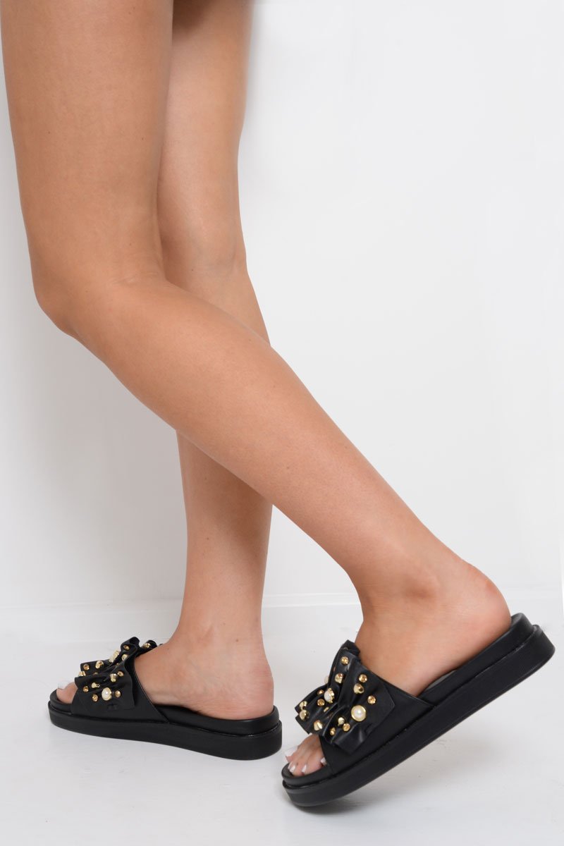 Black Embellished Frill Sliders - Kristan-Sliders