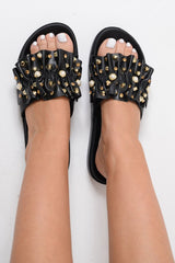 Black Embellished Frill Sliders - Kristan-Sliders