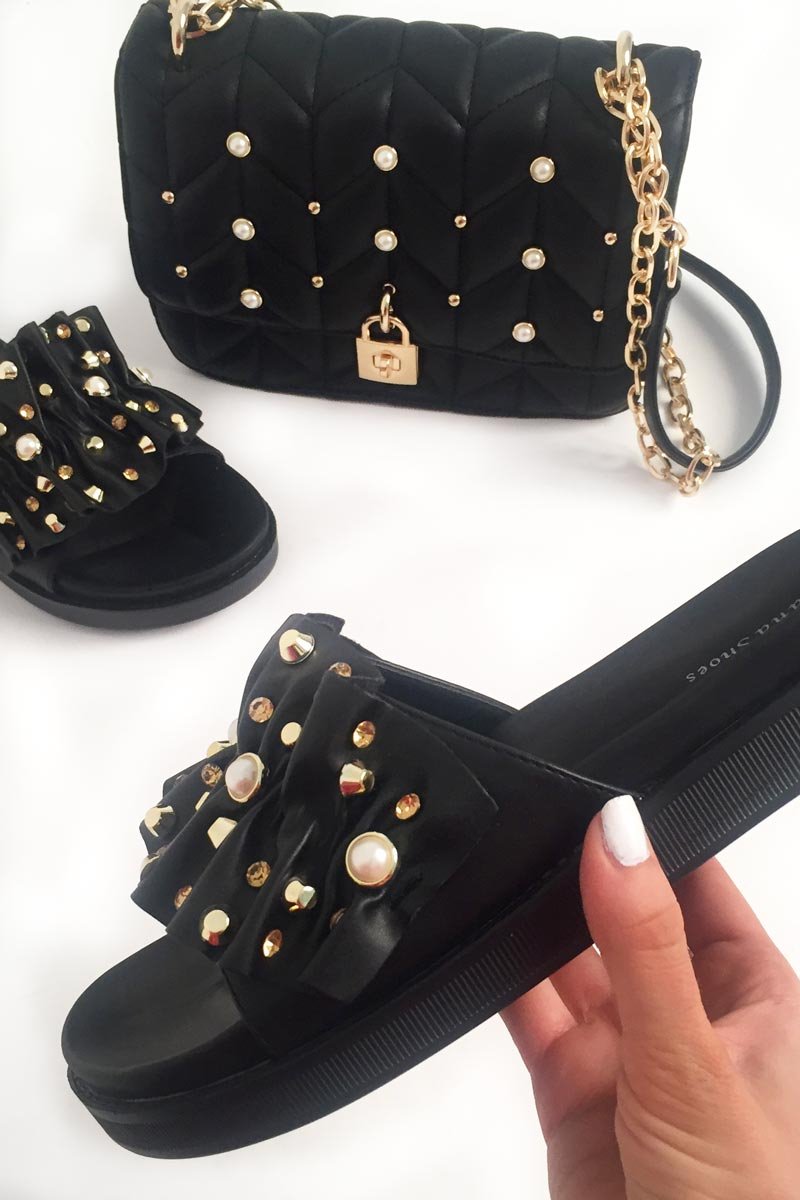 Black Embellished Frill Sliders - Kristan-Sliders