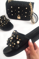 Black Embellished Frill Sliders - Kristan-Sliders