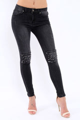 Black Embellished Knees Denim Jeans - Kadi-Jeans