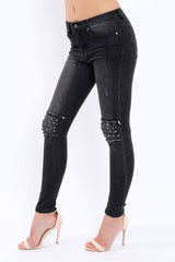 Black Embellished Knees Denim Jeans - Kadi-Jeans