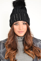 Black Embellished Pom Pom Hat - Monae-Hats