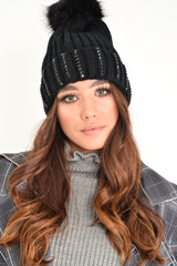 Black Embellished Pom Pom Hat - Monae-Hats