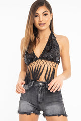 Black Embellished Sequin Tie Back Halterneck Bralet - Gemini-Bralets