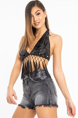 Black Embellished Sequin Tie Back Halterneck Bralet - Gemini-Bralets