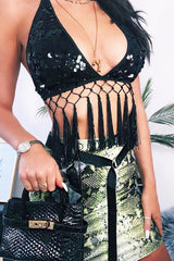 Black Embellished Sequin Tie Back Halterneck Bralet - Gemini-Bralets