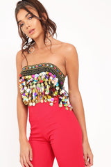 Black Embellished Sheer Top with Sequin and Coin Tassels - Ciani-Tops