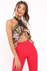 Black Embellished Sheer Top with Sequin and Coin Tassels - Ciani-Tops