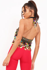 Black Embellished Sheer Top with Sequin and Coin Tassels - Ciani-Tops