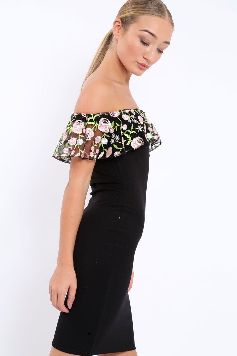 Black Embroidered Bardot Bodycon Dress - Jaxie-Dresses
