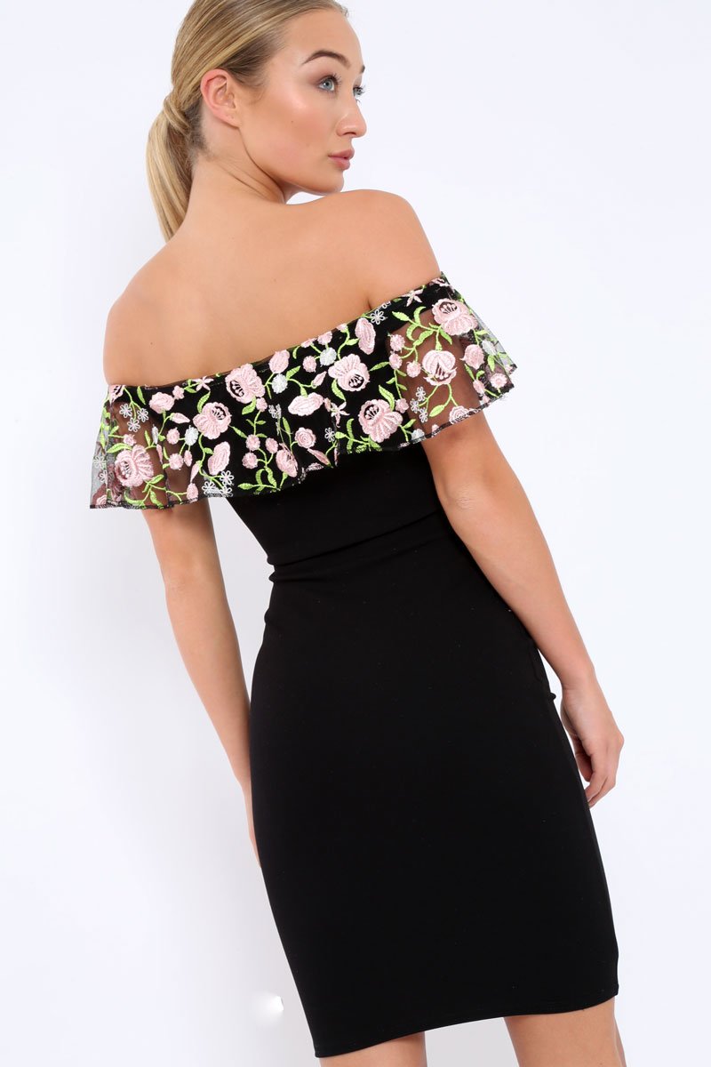 Black Embroidered Bardot Bodycon Dress - Jaxie-Dresses