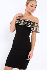 Black Embroidered Bardot Bodycon Dress - Jaxie-Dresses
