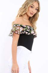 Black Embroidered Bardot Bodysuit - Diya-Bodysuits