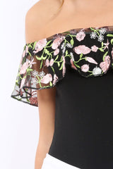 Black Embroidered Bardot Bodysuit - Diya-Bodysuits