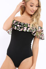 Black Embroidered Bardot Bodysuit - Diya-Bodysuits