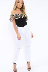 Black Embroidered Bardot Bodysuit - Diya-Bodysuits