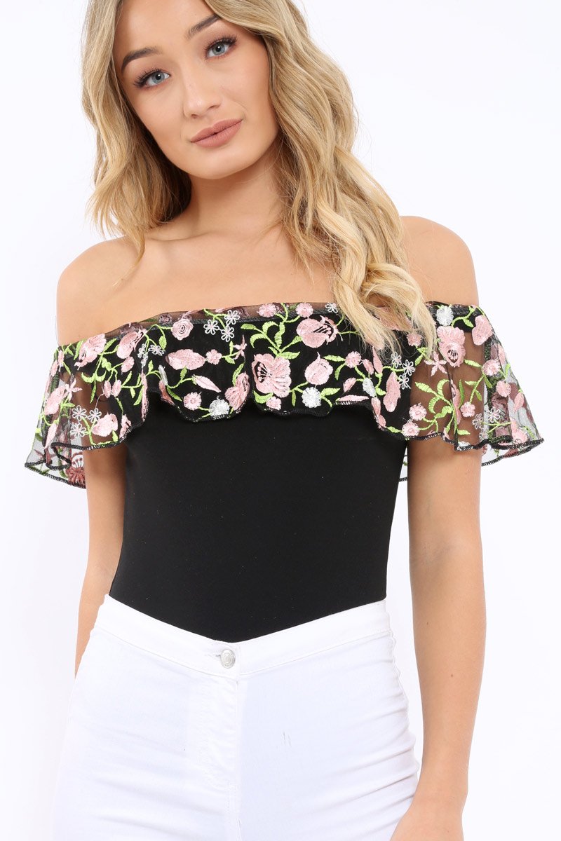 Black Embroidered Bardot Bodysuit - Diya-Bodysuits
