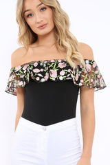 Black Embroidered Bardot Bodysuit - Diya-Bodysuits