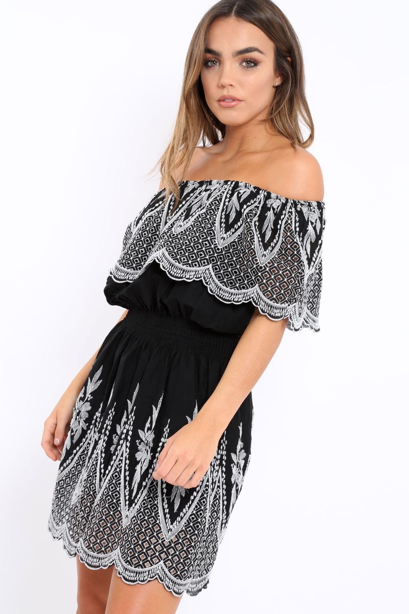 Black Embroidered Bardot Dress - Lottie-Dresses